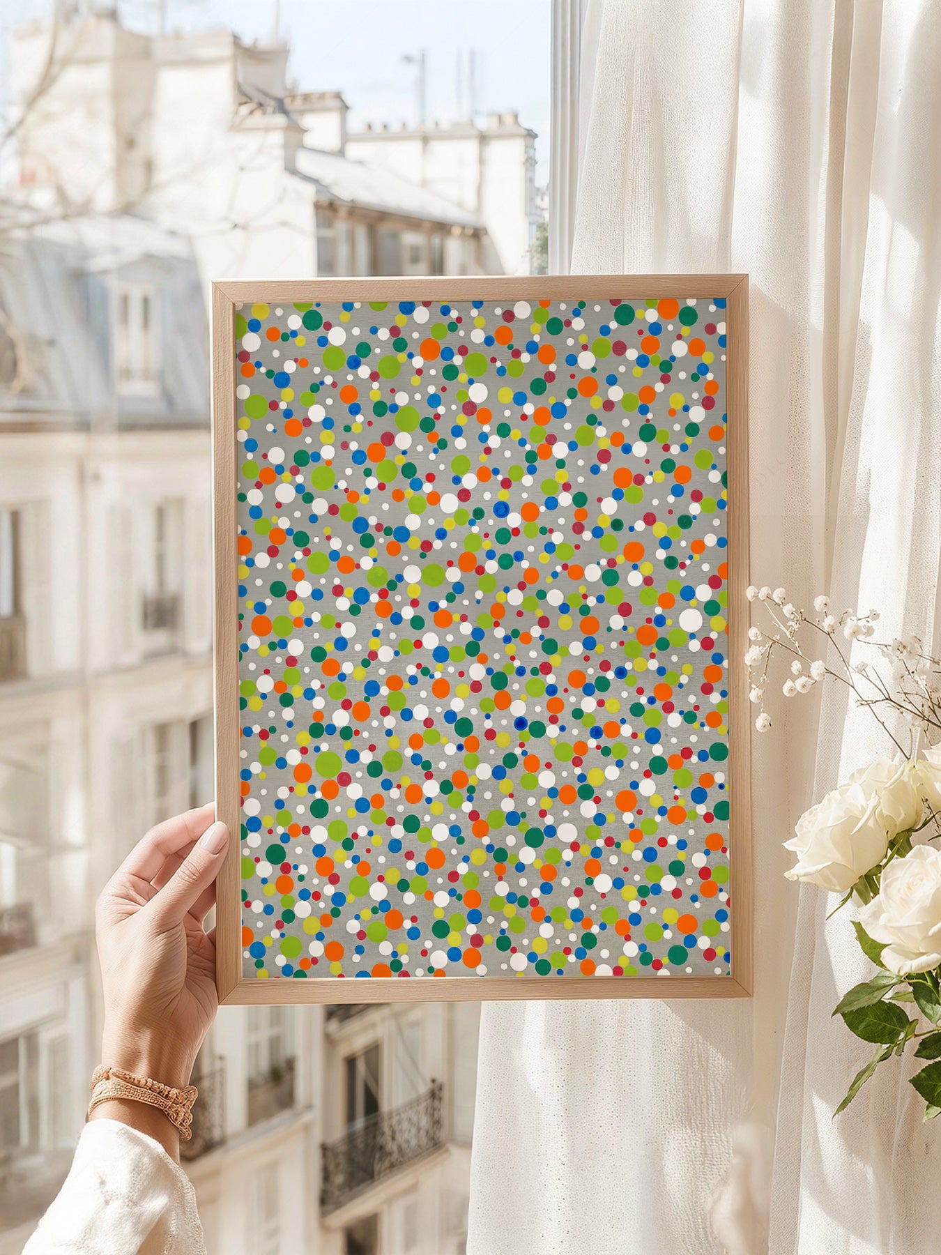 Soft nursery decor – Yayoi Kusama Dots art print in a modern kids room