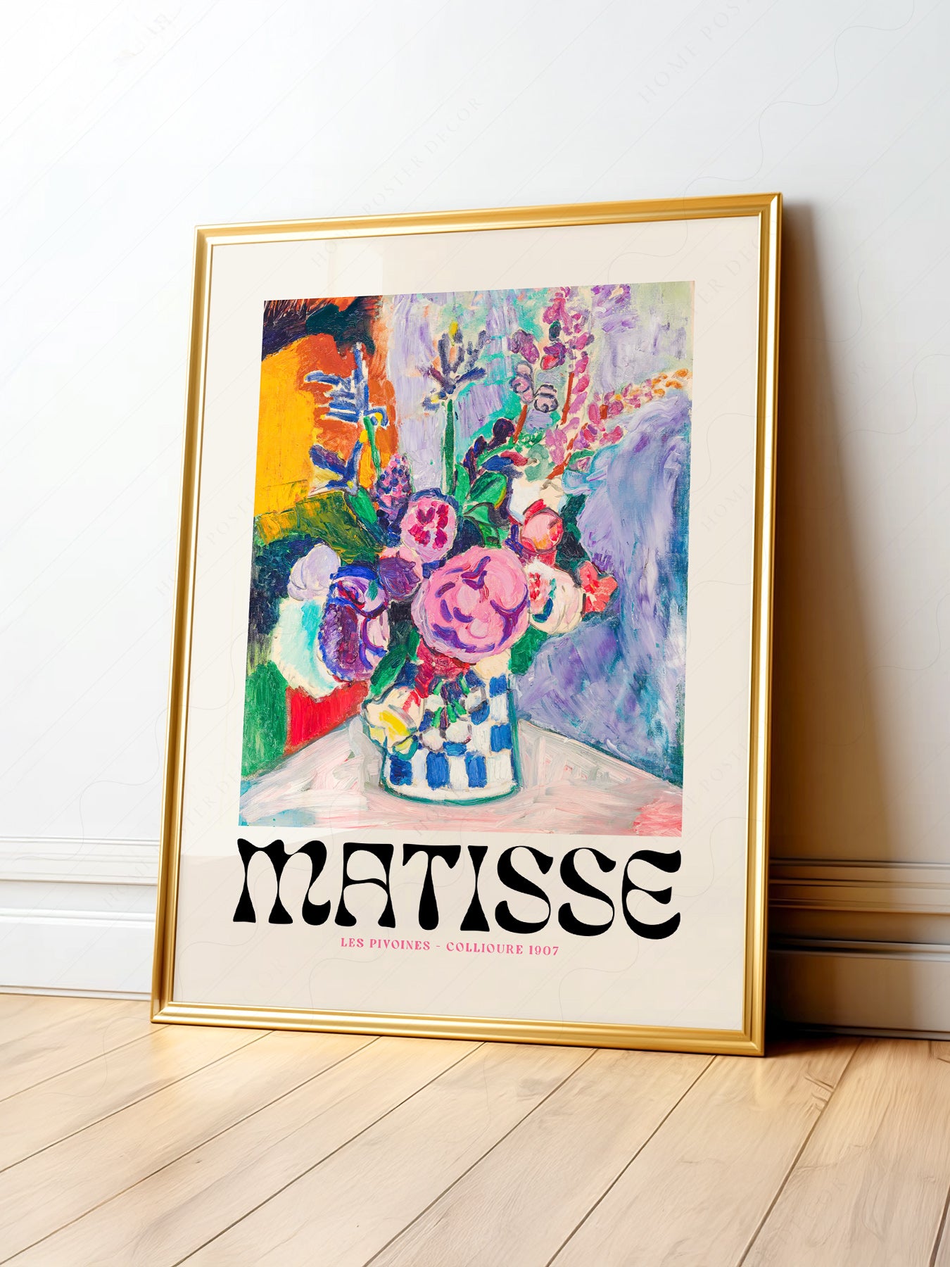 Henri Matisse Les Pivoines art print featuring colorful peonies in a checkered vase with bold expressive brushwork.
