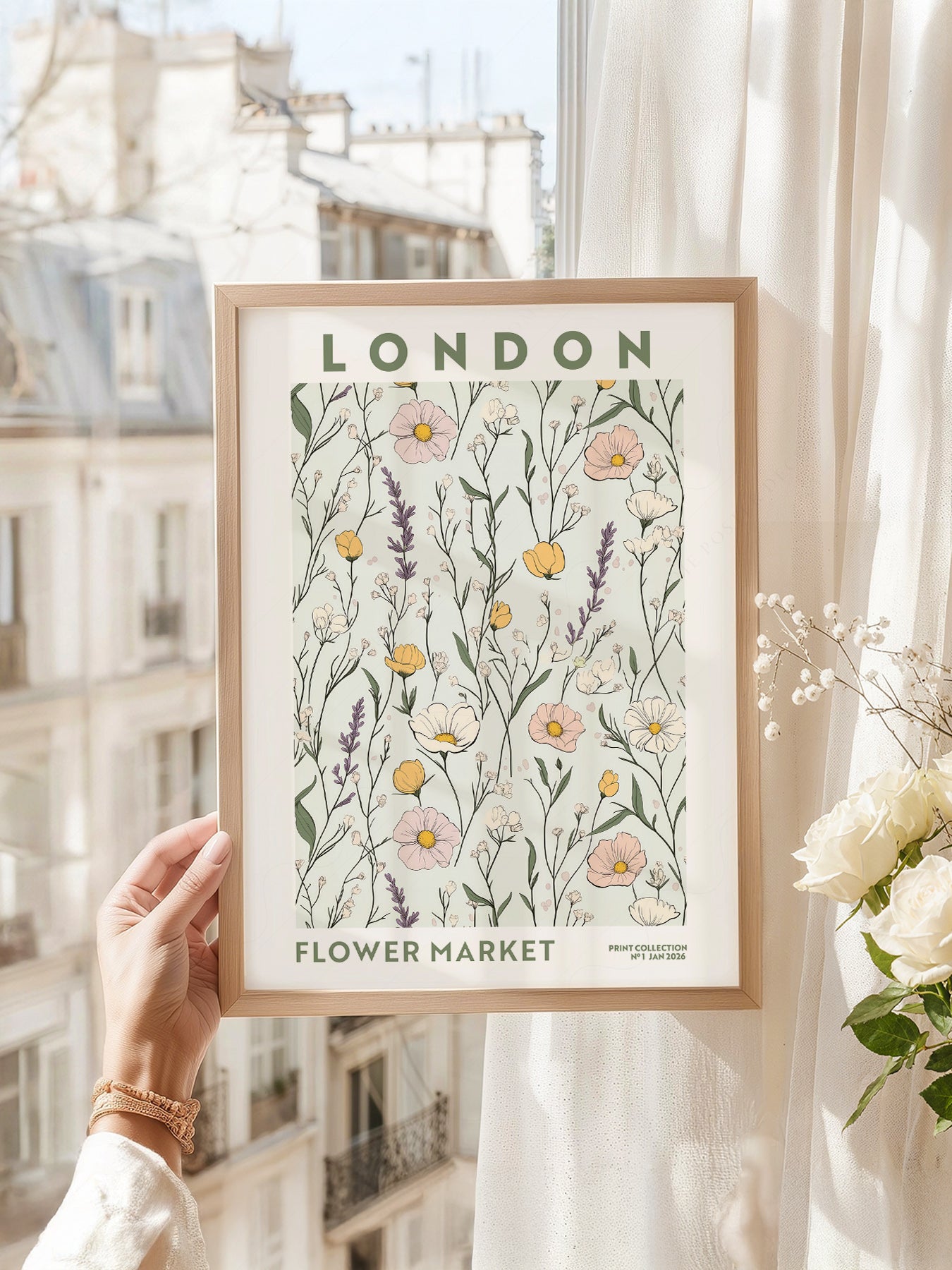 London Flower Market art print as wall decor in a minimalist home office