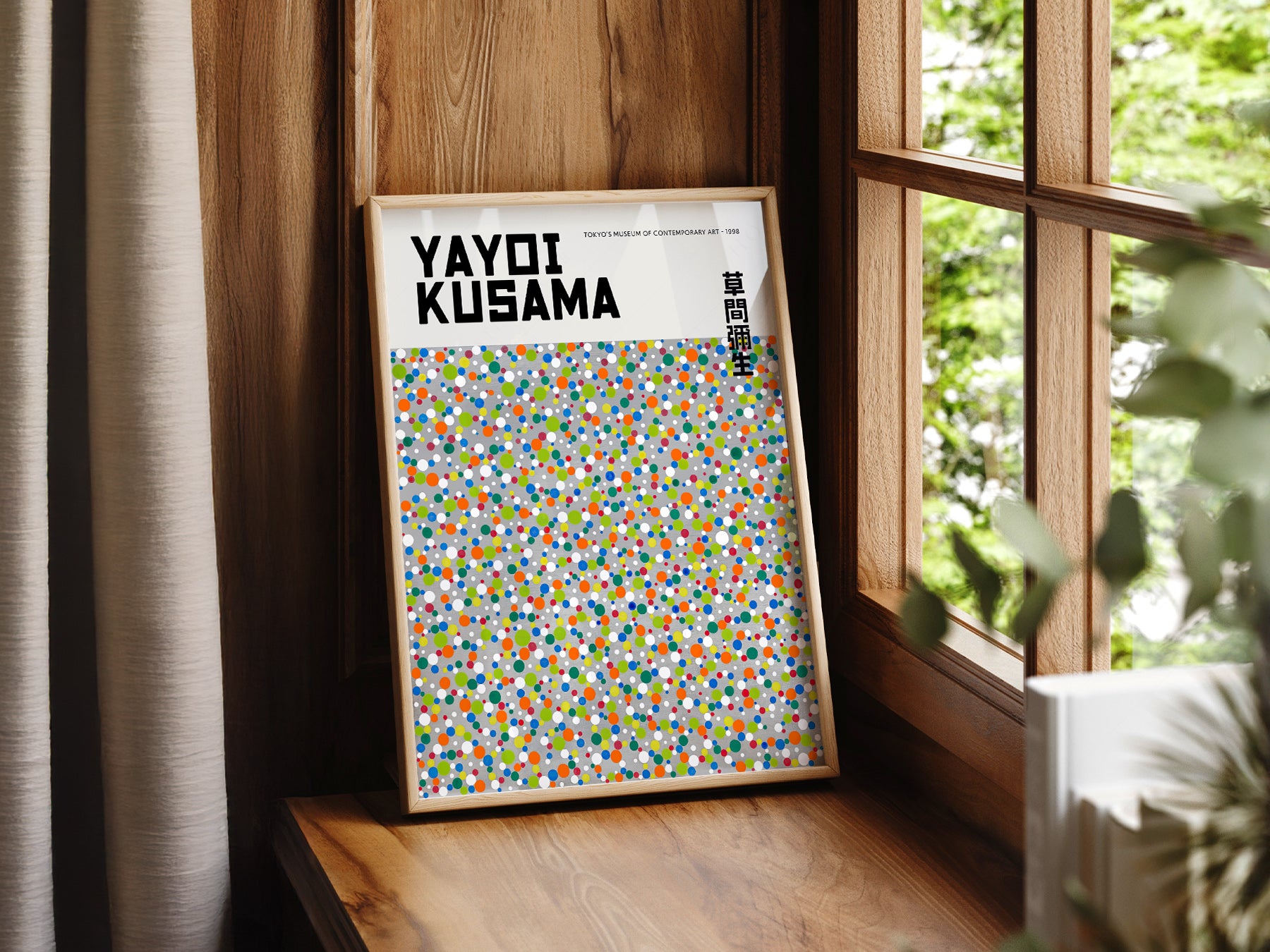 Soft nursery decor – Yayoi Kusama Colorful Dots art print in a modern kids room