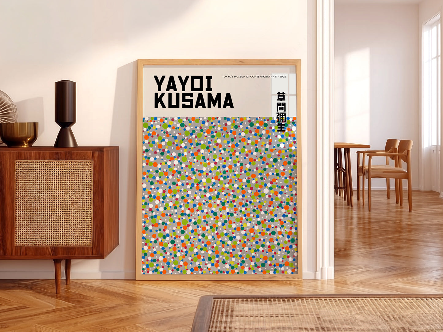 Children's wall art – Yayoi Kusama Colorful Dots in a Scandi-style nursery