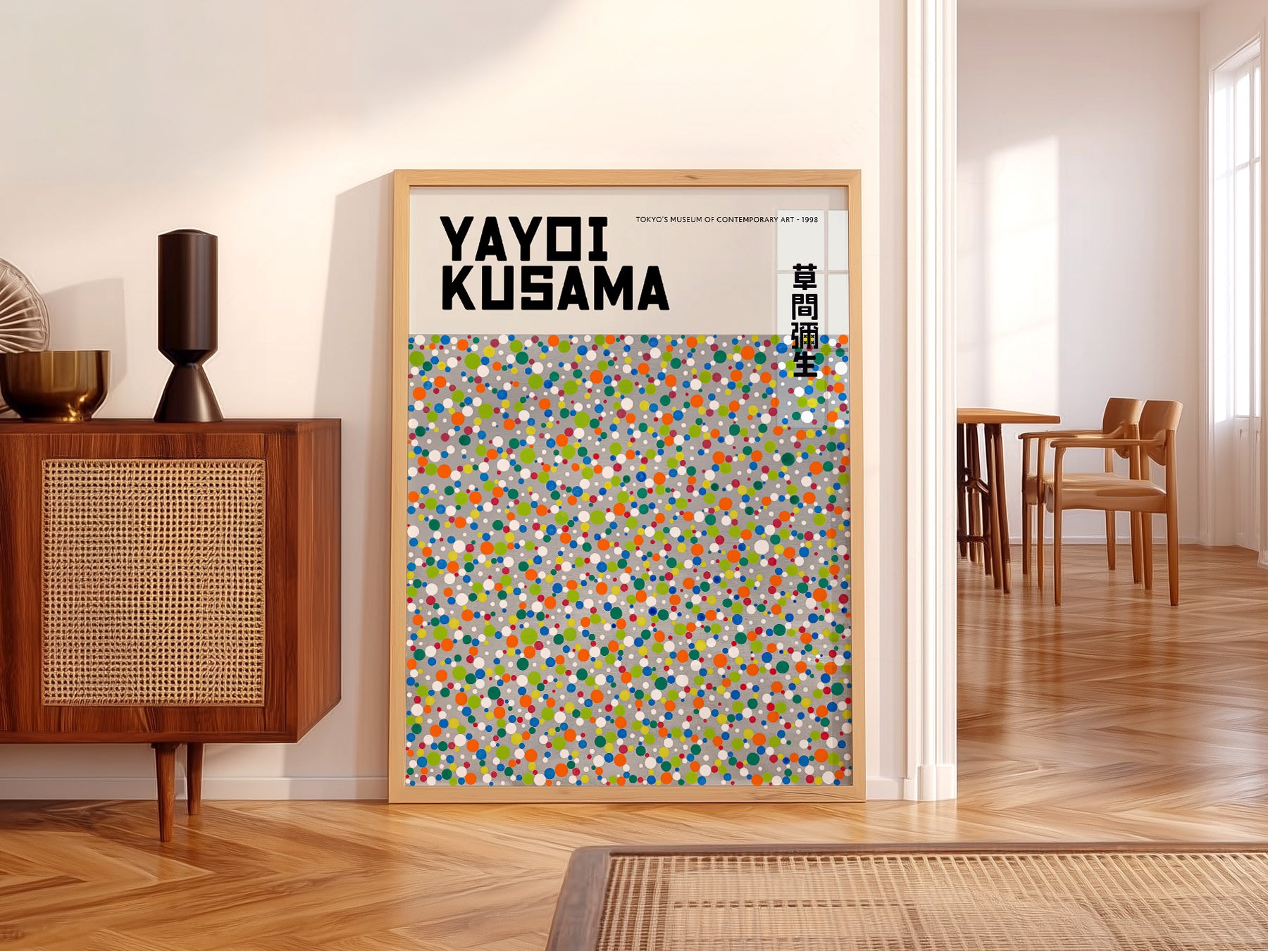 Children's wall art – Yayoi Kusama Colorful Dots in a Scandi-style nursery