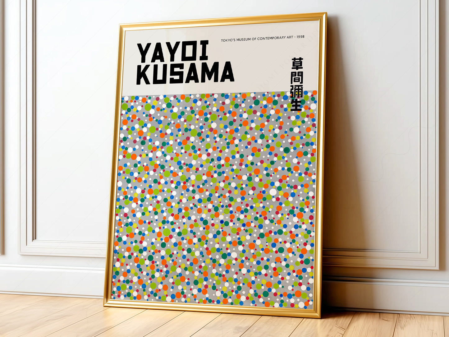 Yayoi Kusama colorful polka dots exhibition poster wall art featuring vibrant multicolored circles on grey background.