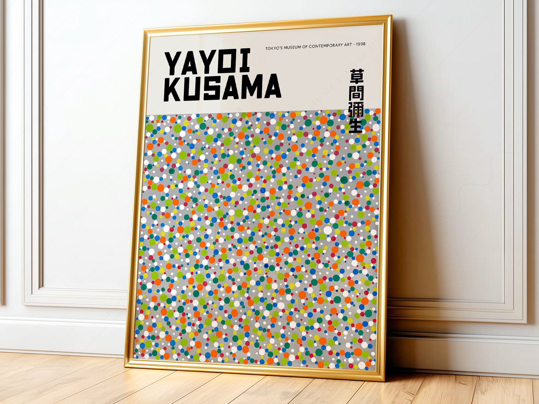 Yayoi Kusama colorful polka dots exhibition poster wall art featuring vibrant multicolored circles on grey background.