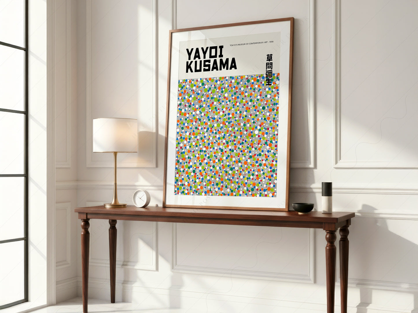 Yayoi Kusama Colorful Dots art print displayed in a soft pastel nursery setting