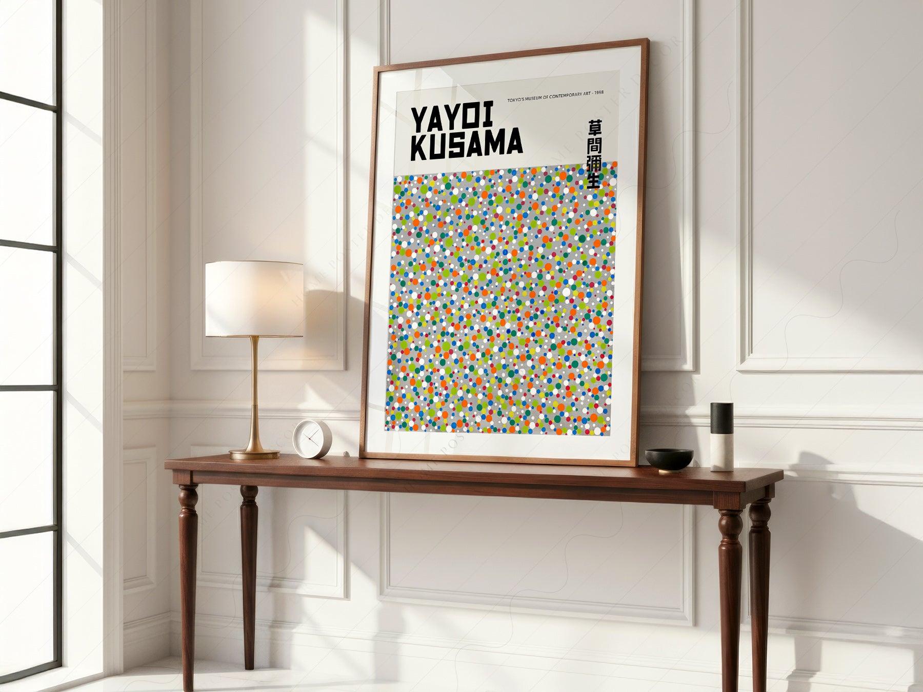 Yayoi Kusama Colorful Dots art print displayed in a soft pastel nursery setting