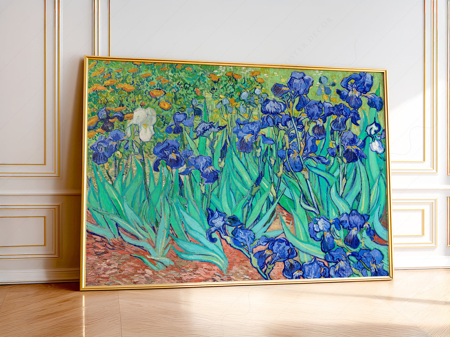 Vincent van Gogh Irises art print featuring vibrant blue iris flowers with green leaves in Post-Impressionist style.