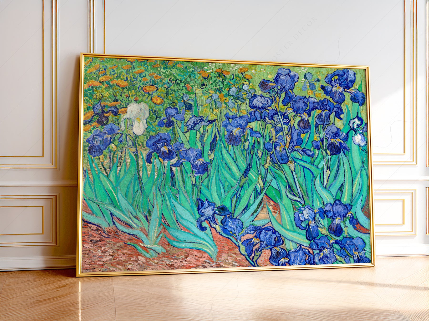 Vincent van Gogh Irises art print featuring vibrant blue iris flowers with green leaves in Post-Impressionist style.