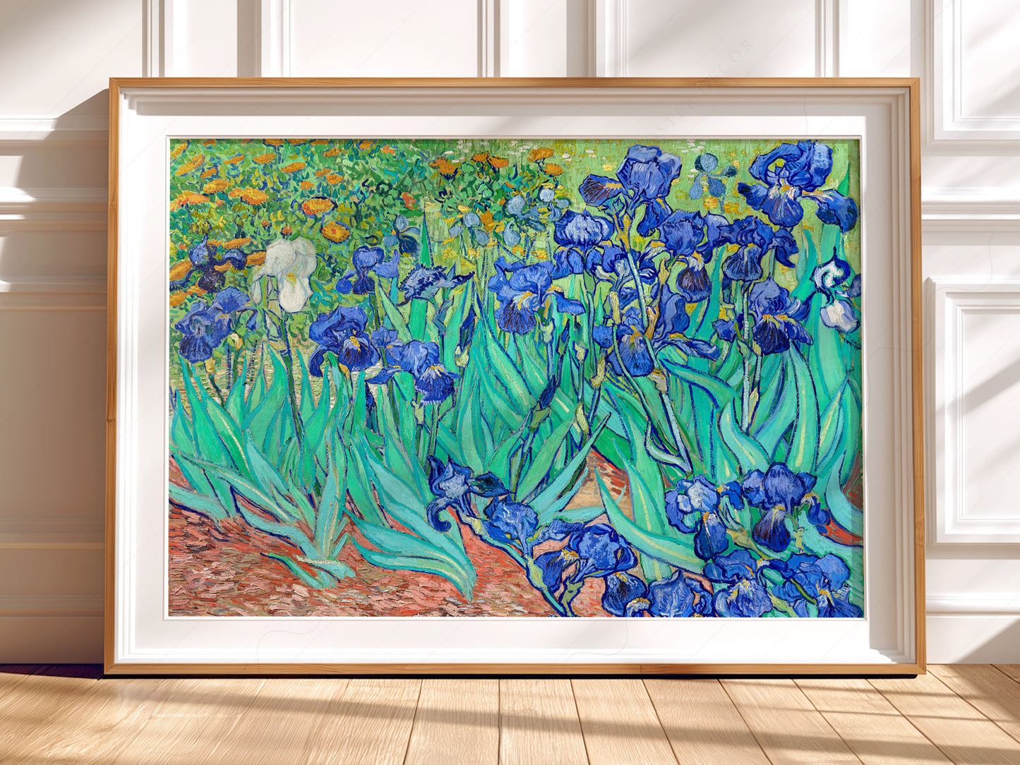 Vincent van Gogh Irises in a light-filled Japandi-inspired living space