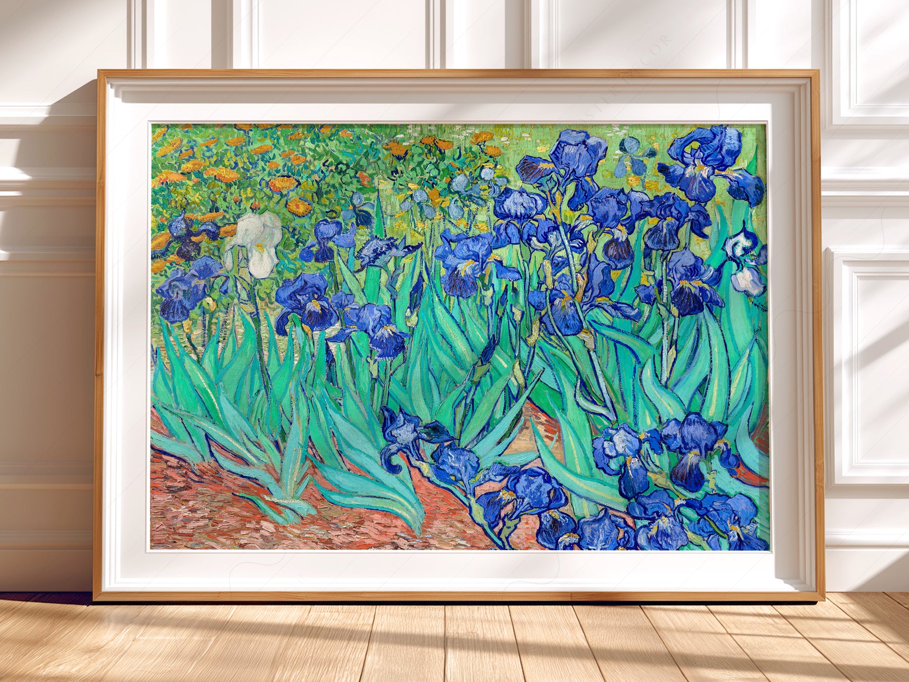 Vincent van Gogh Irises in a light-filled Japandi-inspired living space