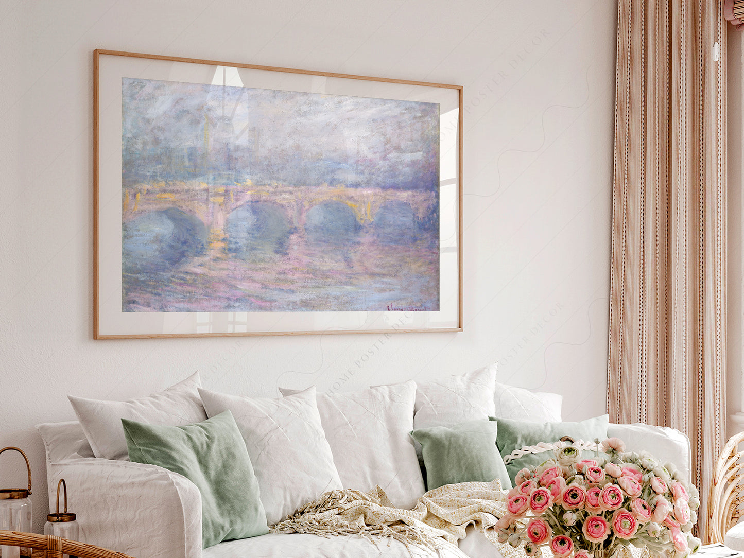 Claude Monet Waterloo Bridge at Sunset wall art print displayed in a bright modern living room