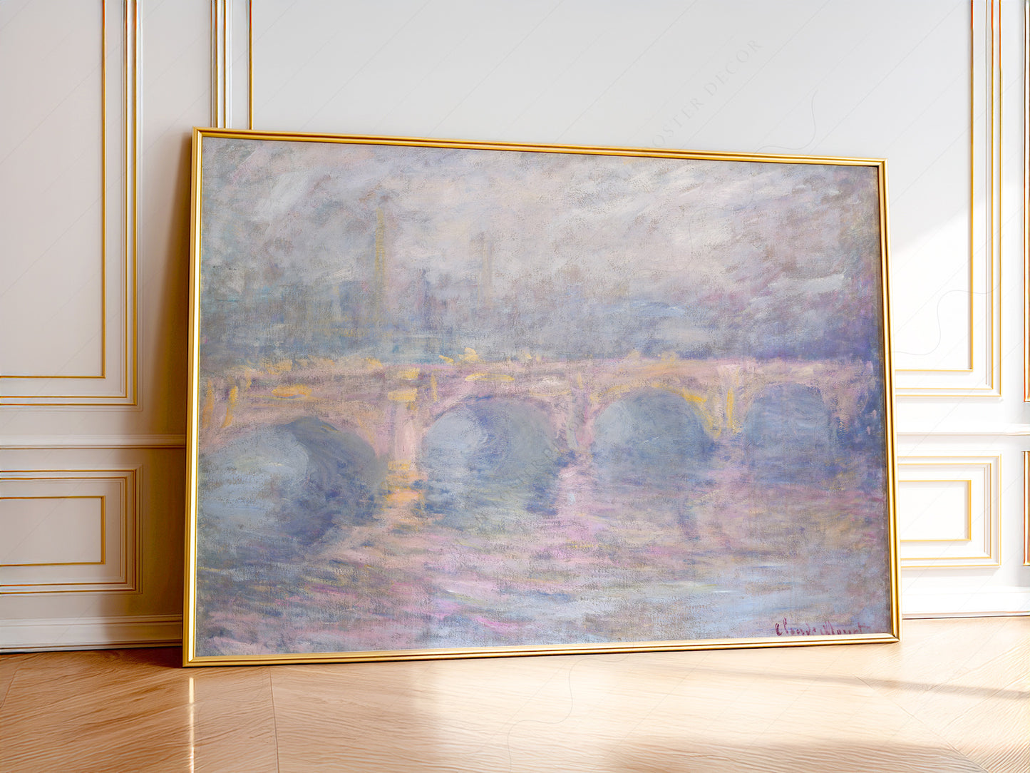 Claude Monet Waterloo Bridge at Sunset art print featuring the Thames in soft lavender and gold Impressionist tones.