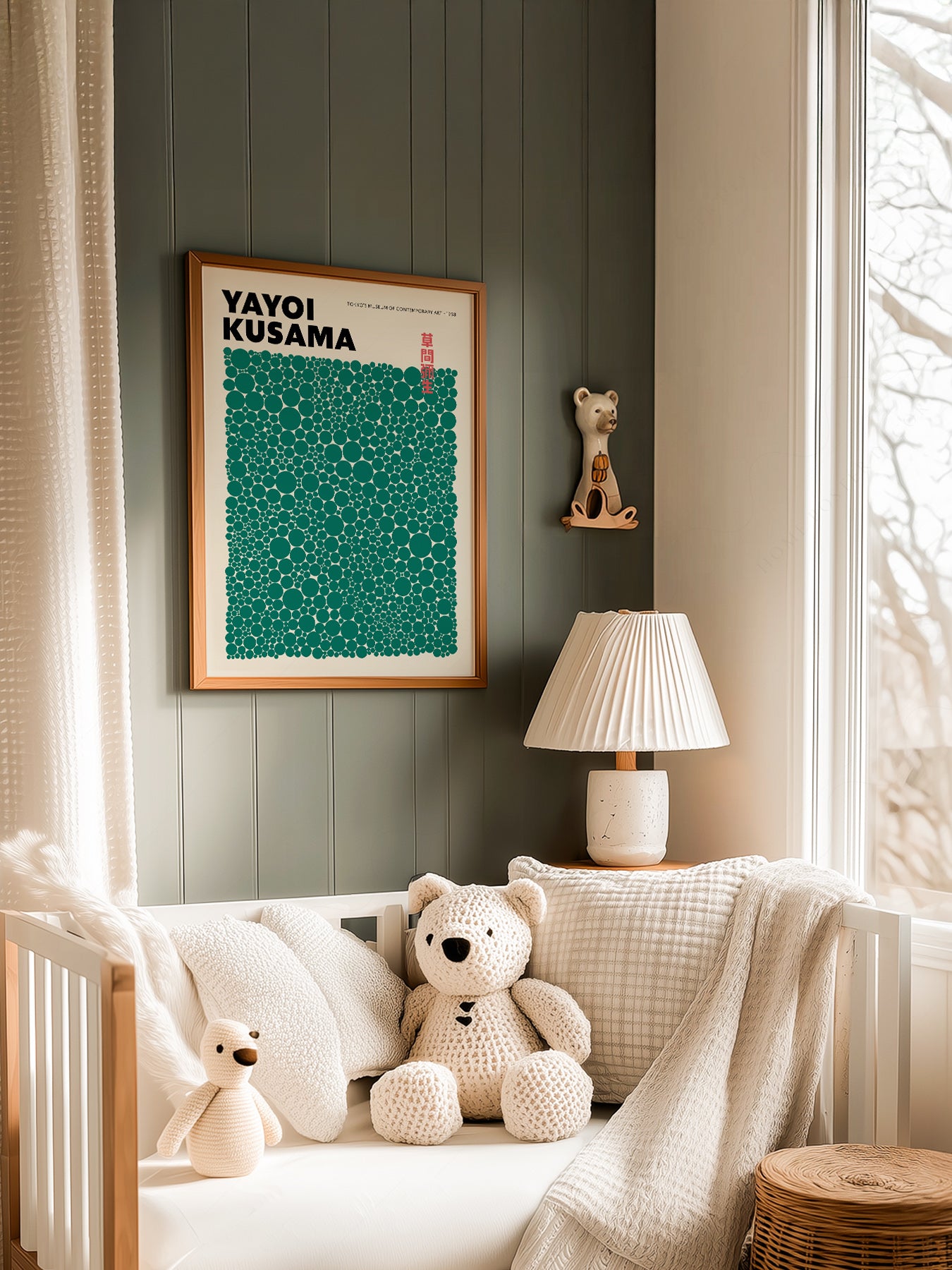Yayoi Kusama Green Dots Exhibition in a light-filled Japandi-inspired living space