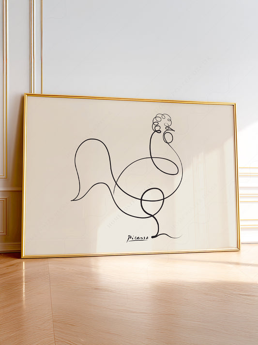 Pablo Picasso Le Coq line art print featuring a minimalist rooster drawing in continuous black lines.