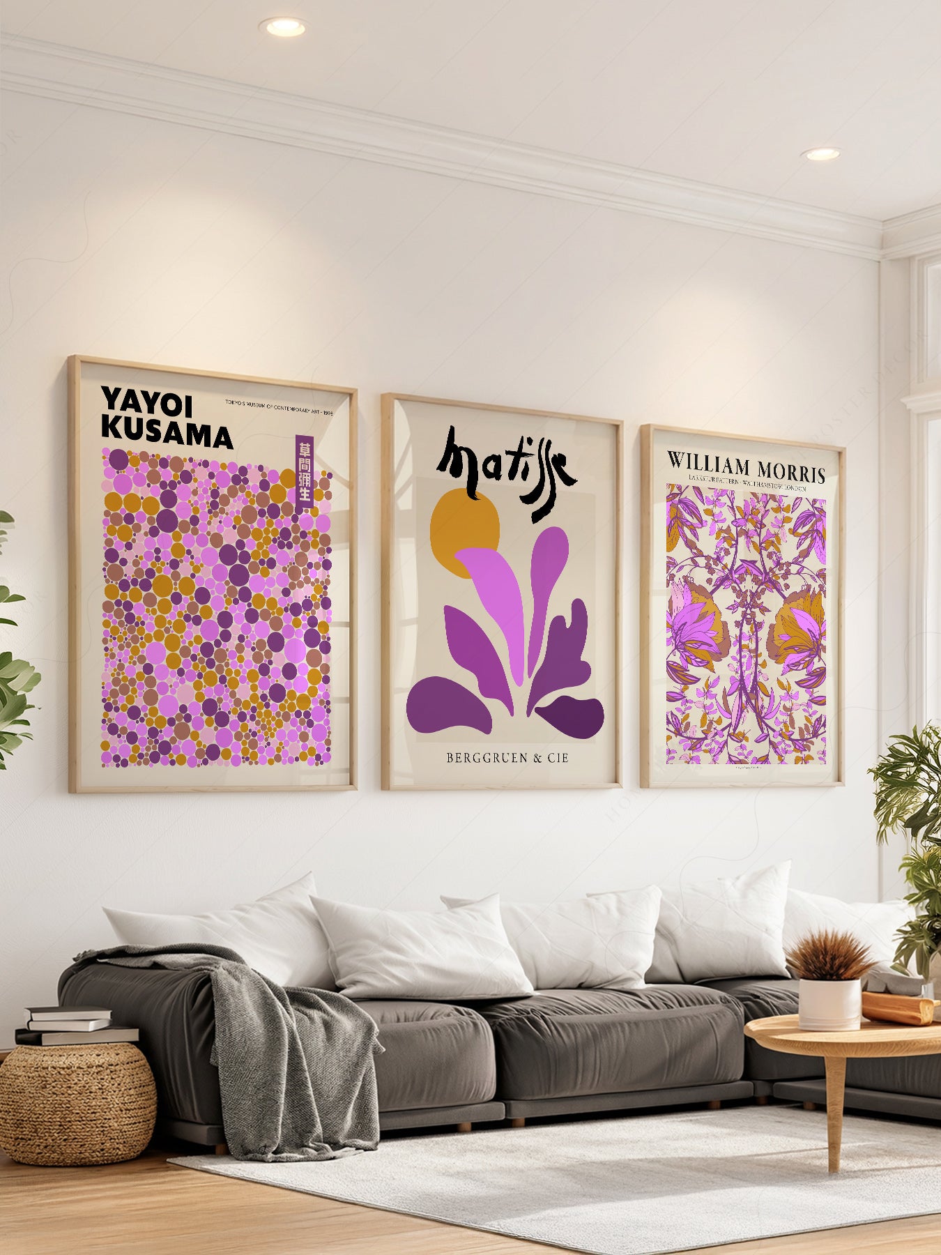Set of three purple art prints featuring Yayoi Kusama, Henri Matisse, and William Morris wall art.