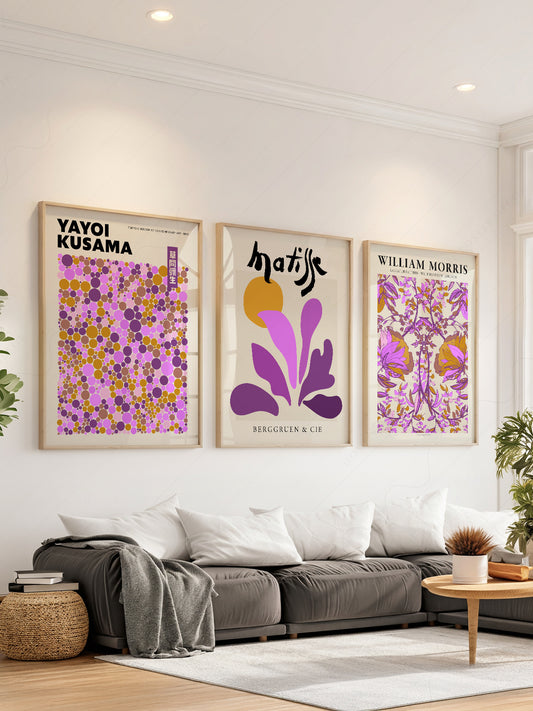Set of three purple art prints featuring Yayoi Kusama, Henri Matisse, and William Morris wall art.