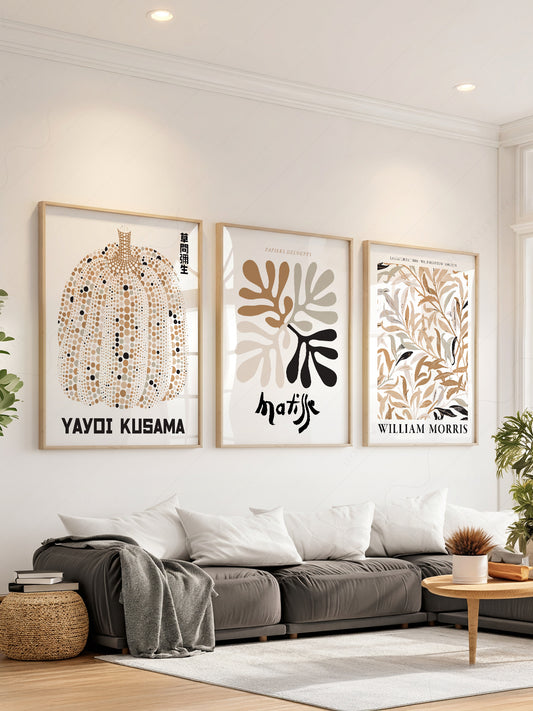 Gallery wall set of three art prints featuring Yayoi Kusama pumpkin, Matisse cut-outs, and William Morris botanical in neutral tones.