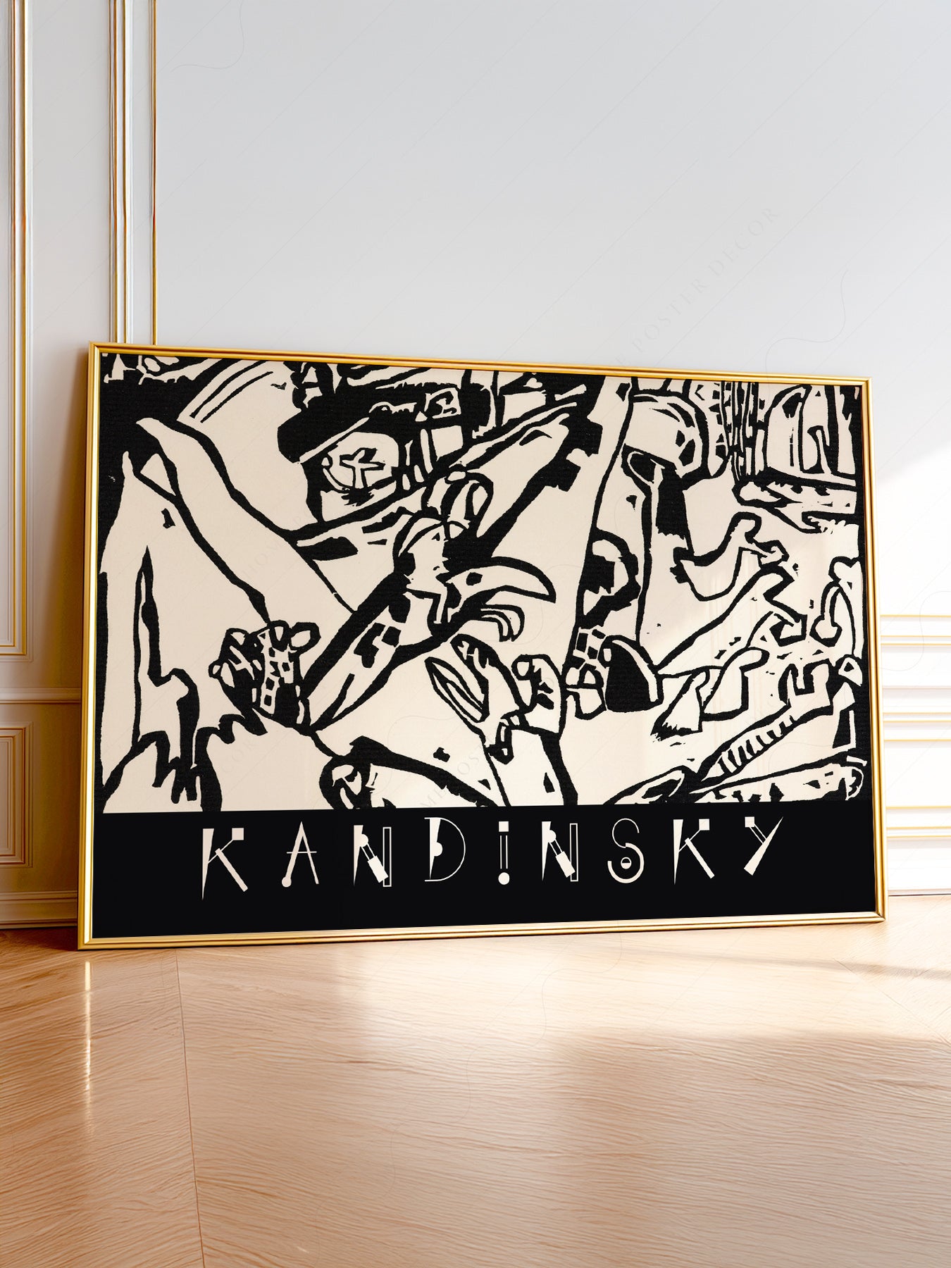 Wassily Kandinsky black and white abstract woodcut art print featuring bold expressionist forms and dynamic composition.