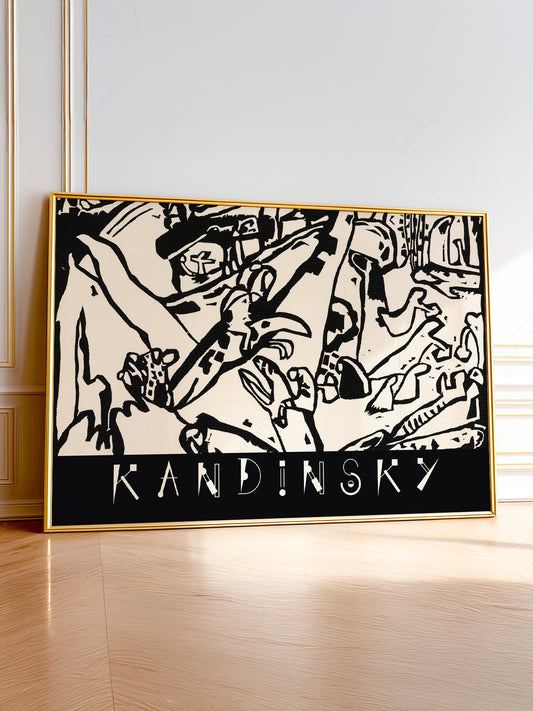 Wassily Kandinsky black and white abstract woodcut art print featuring bold expressionist forms and dynamic composition.