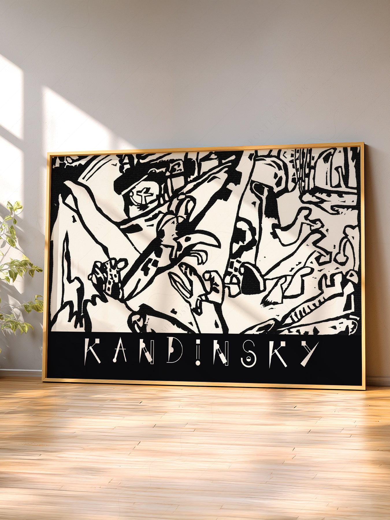 Wassily Kandinsky Abstract Woodcut wall art print displayed in a bright modern living room