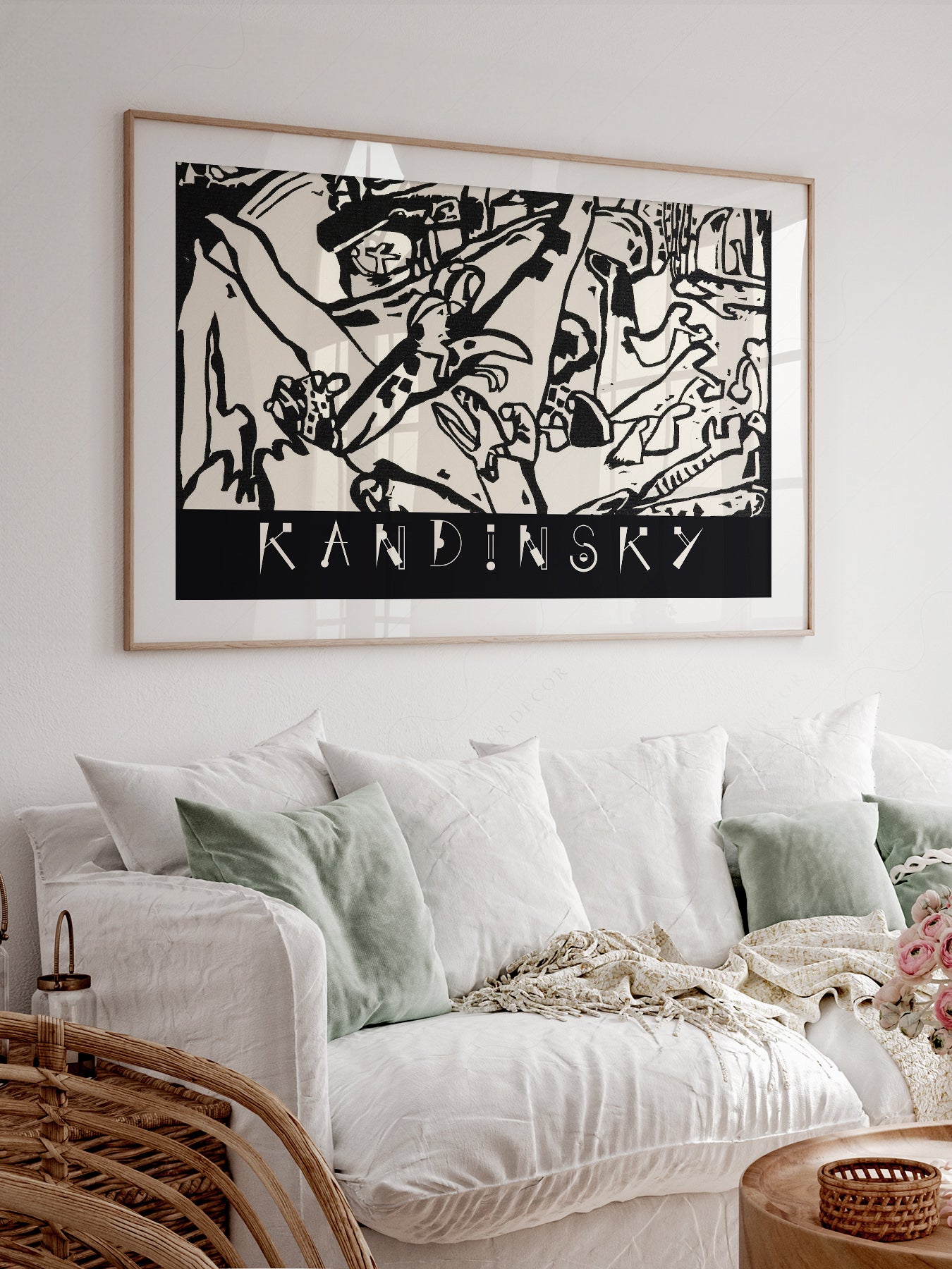 Wassily Kandinsky art print styled in a Scandinavian bedroom