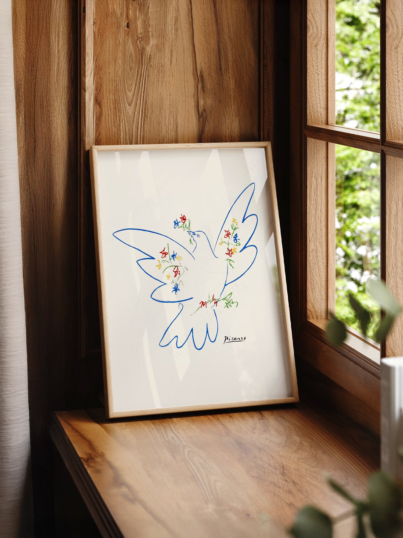 Pablo Picasso Dove of Peace 1949 print styled in a mid-century modern dining room