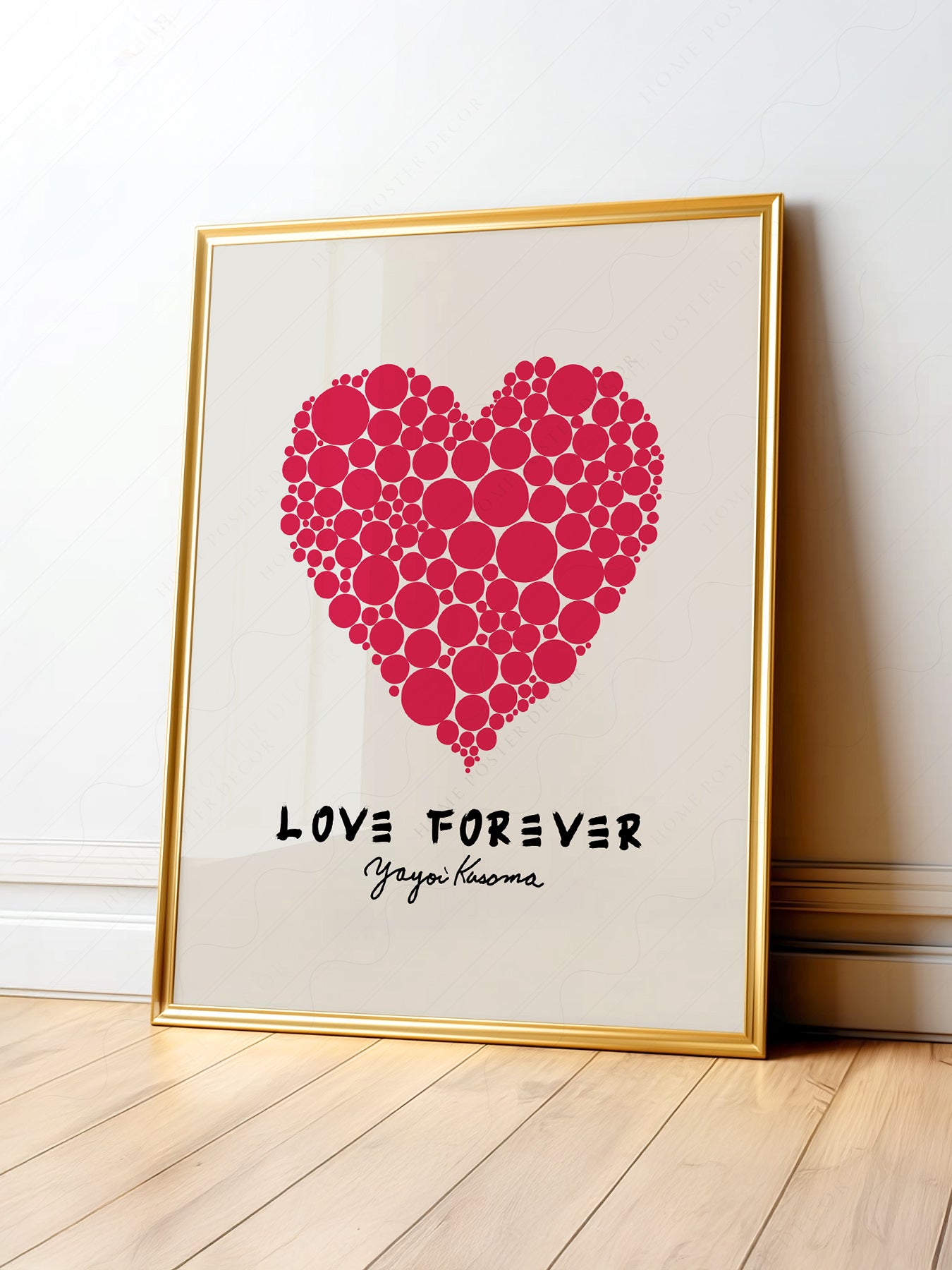 Yayoi Kusama Love Forever art print featuring a red polka dot heart on cream background as modern wall art.