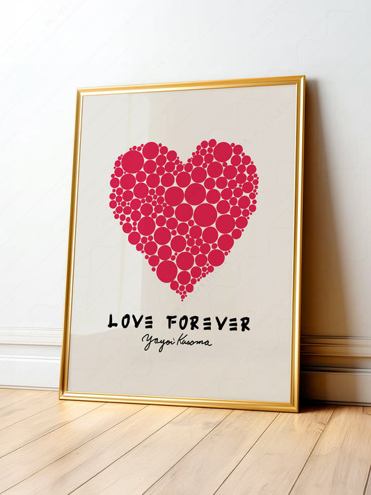 Yayoi Kusama Love Forever art print featuring a red polka dot heart on cream background as modern wall art.