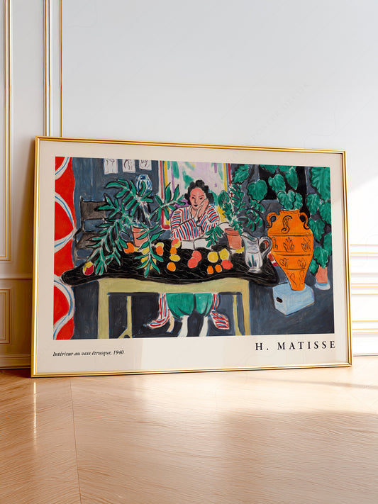 Henri Matisse Interior with Etruscan Vase art print featuring a woman surrounded by lush plants and colorful still life.