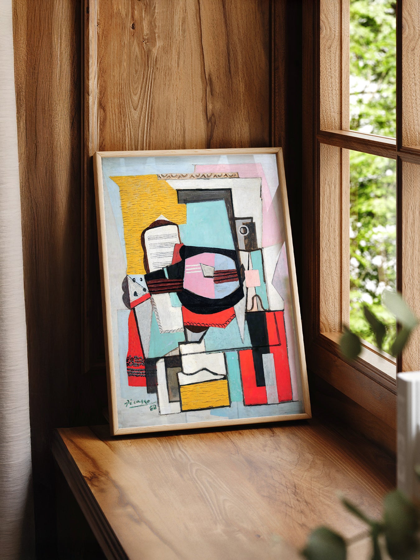 Pablo Picasso Guitar on a Table print styled in a mid-century modern dining room