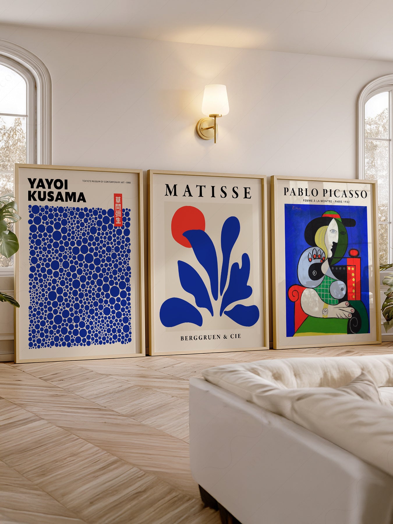 Matisse Kusama Picasso Set of 3 Art wall art in a cozy home study or reading room