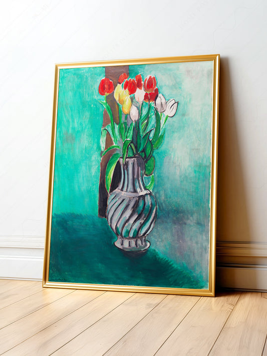 Henri Matisse tulips in striped vase art print featuring bold red and yellow flowers against teal background.