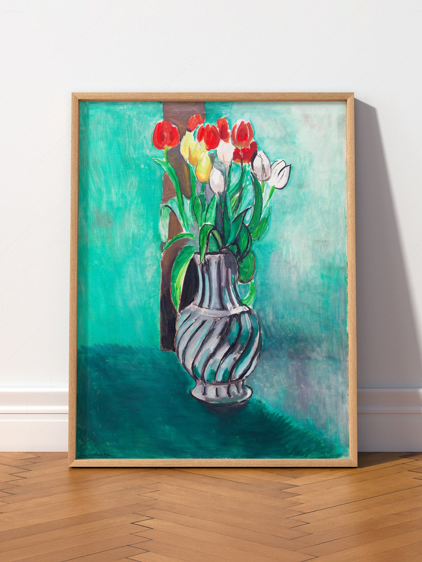 Henri Matisse Tulips in Vase wall art print displayed in a bright modern living room