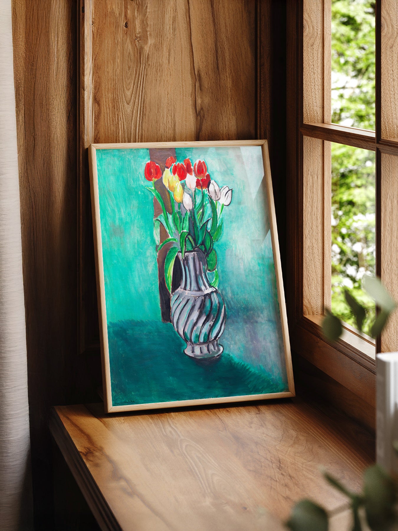 Henri Matisse Tulips in Vase print styled in a mid-century modern dining room