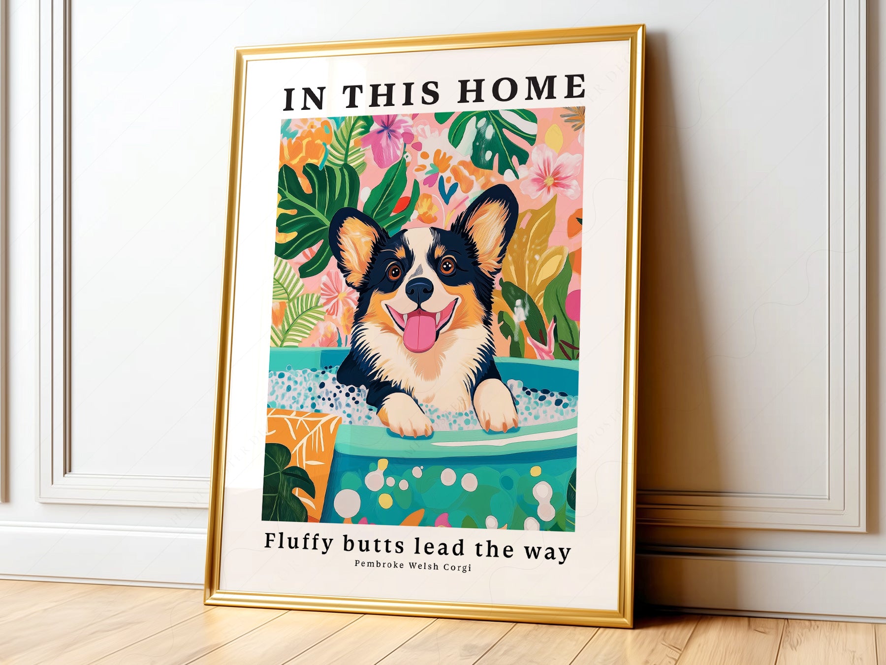 Pembroke Welsh Corgi art print featuring a happy tricolor corgi in a bubble bath with tropical florals.