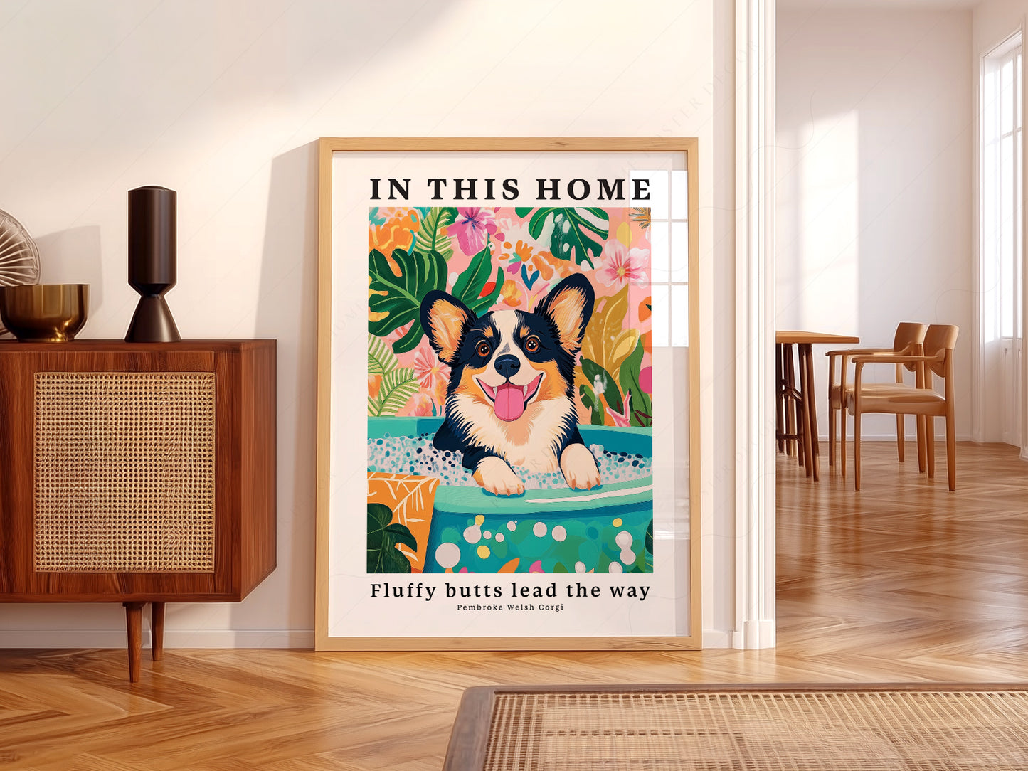 Pembroke Welsh Corgi as a statement piece in an eclectic gallery wall