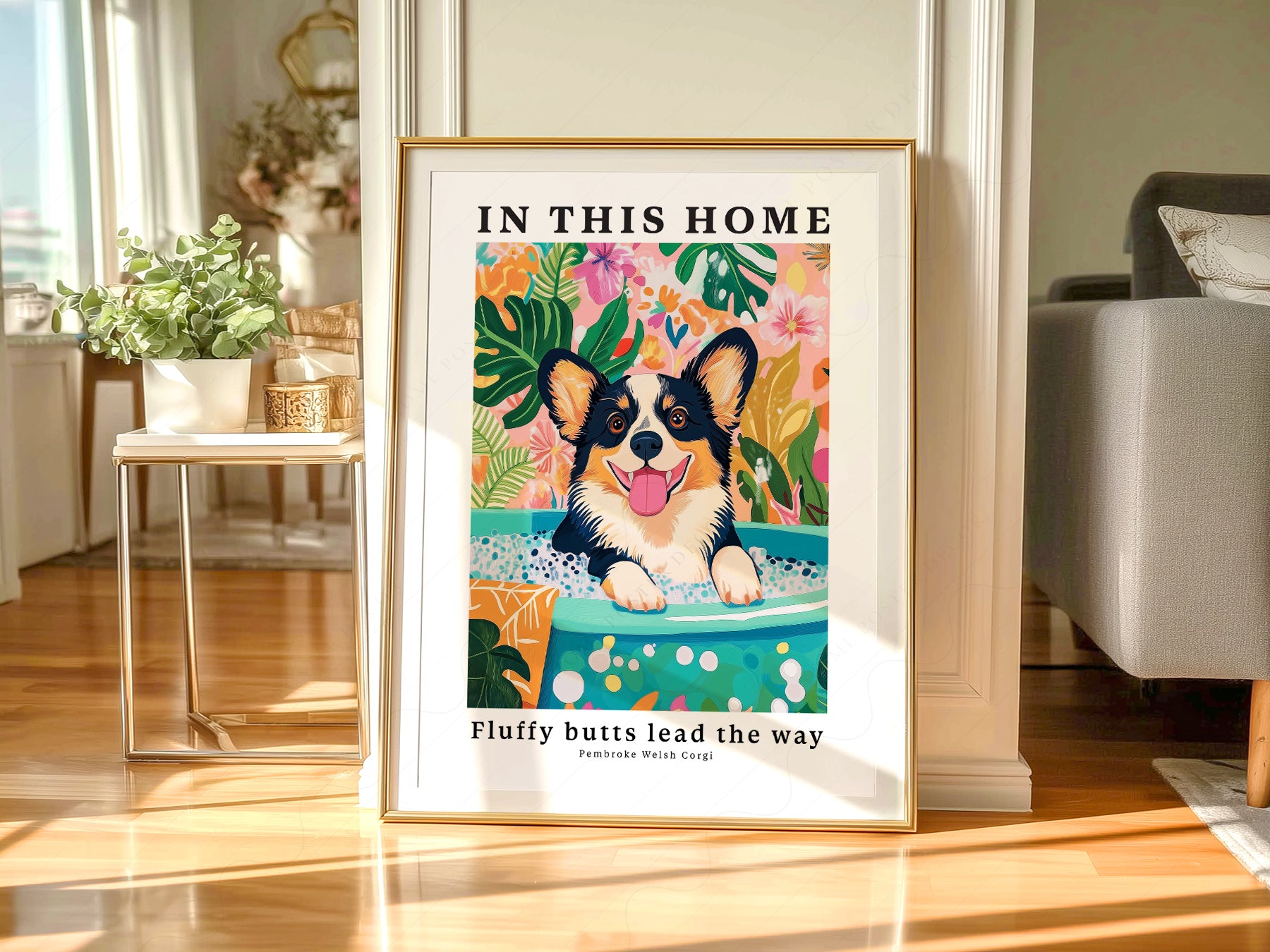 Pembroke Welsh Corgi styled in a Scandinavian bedroom