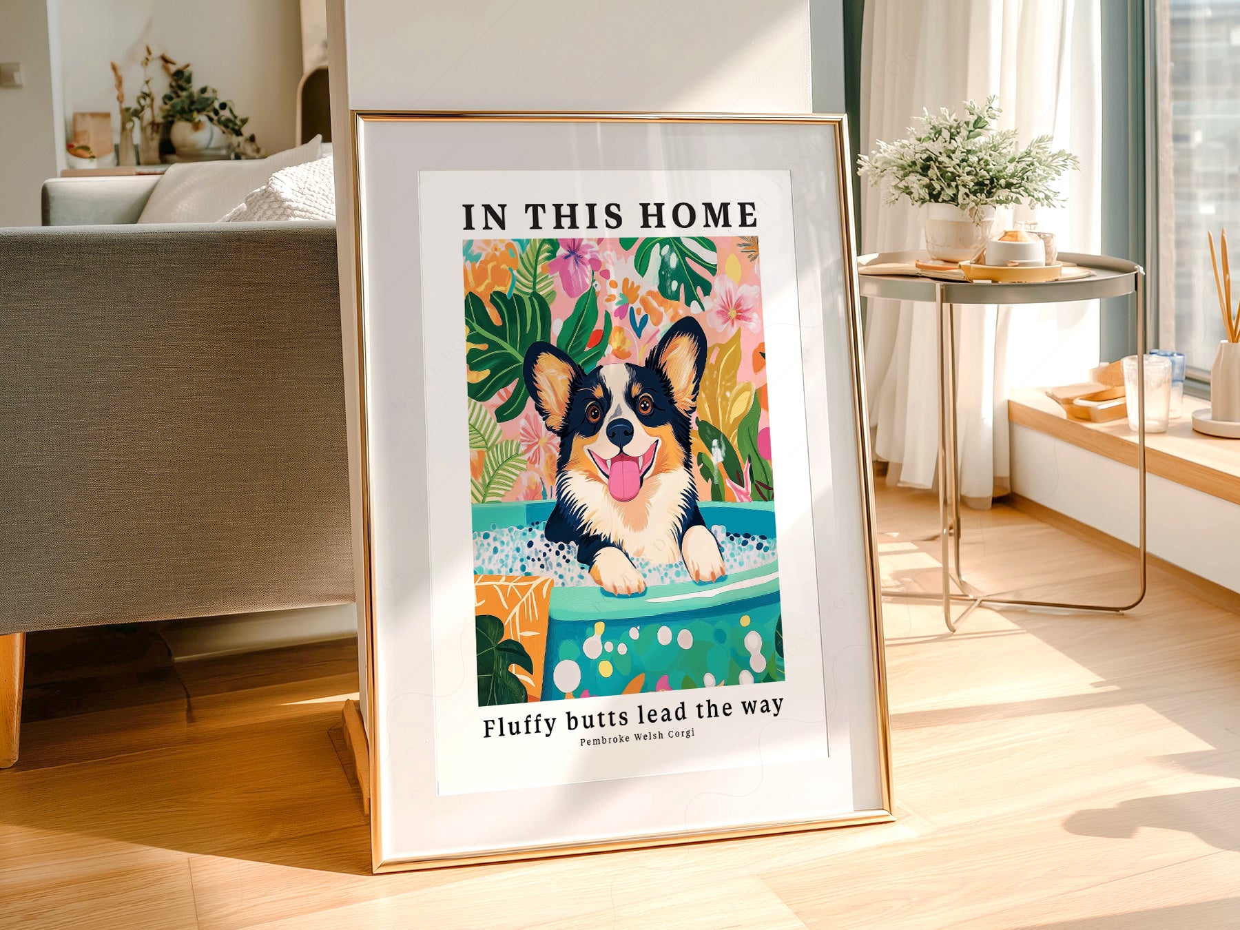 Pembroke Welsh Corgi wall art in a cozy home study or reading room