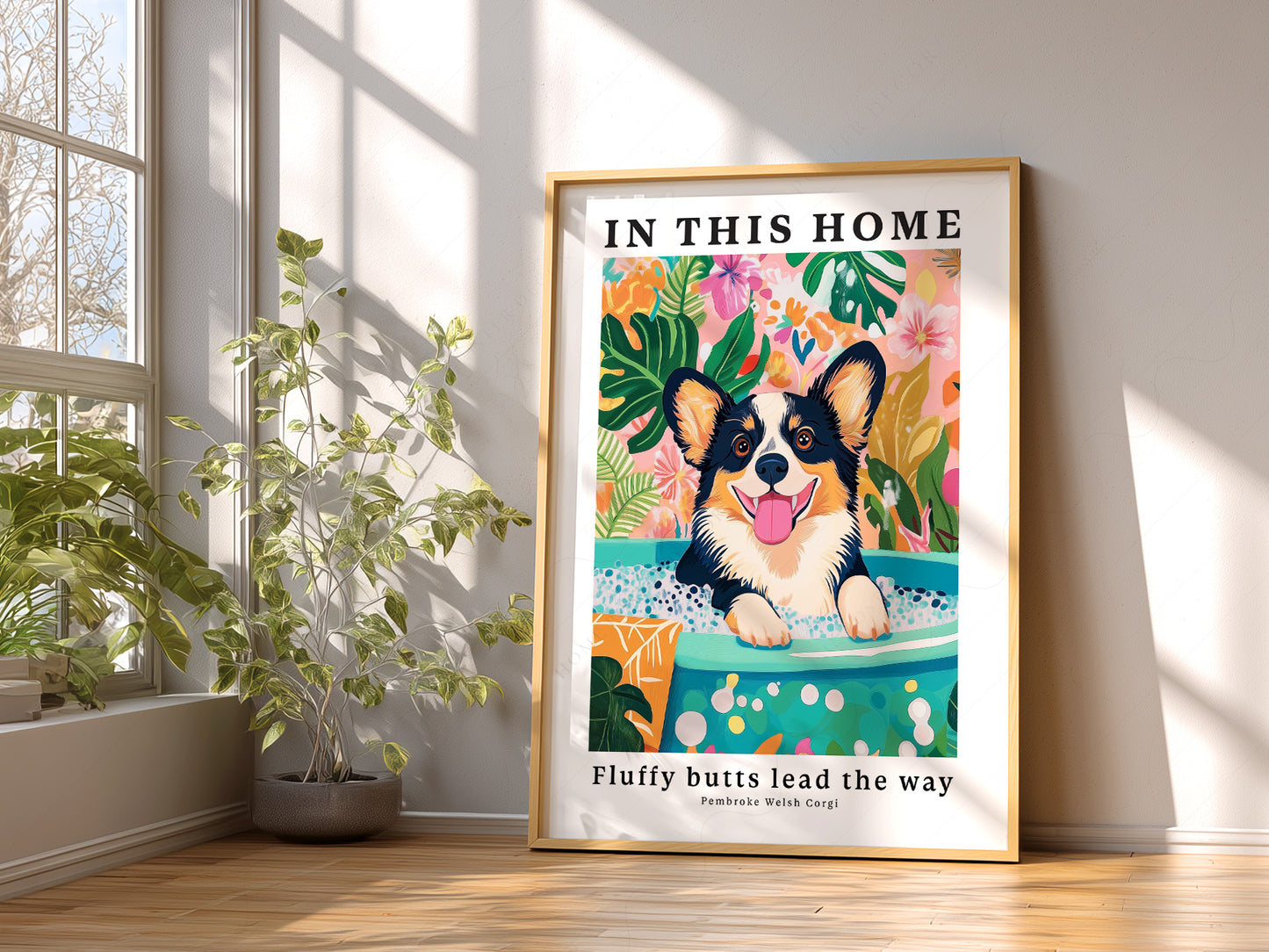 Pembroke Welsh Corgi print styled in a mid-century modern dining room