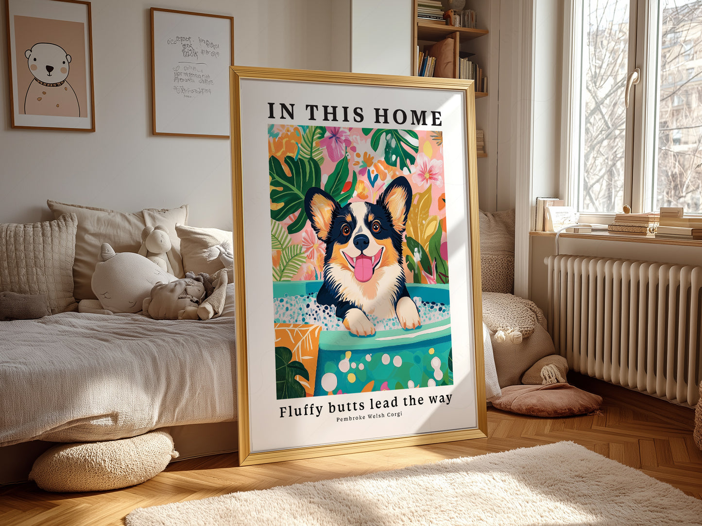 Pembroke Welsh Corgi art print as wall decor in a minimalist home office