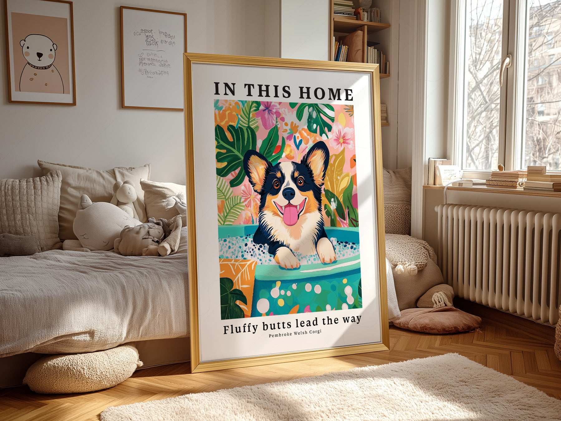 Pembroke Welsh Corgi art print as wall decor in a minimalist home office