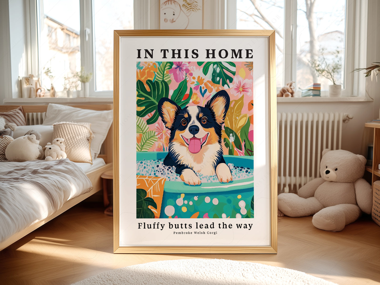 Pembroke Welsh Corgi in a light-filled Japandi-inspired living space