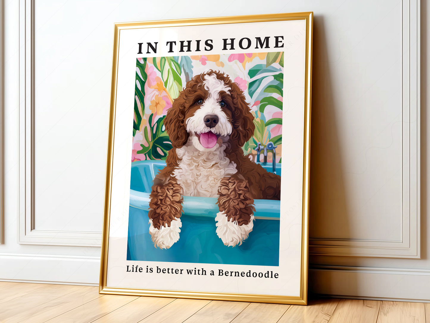 Bernedoodle dog art print featuring a happy curly pup in a bathtub with colorful tropical floral background.