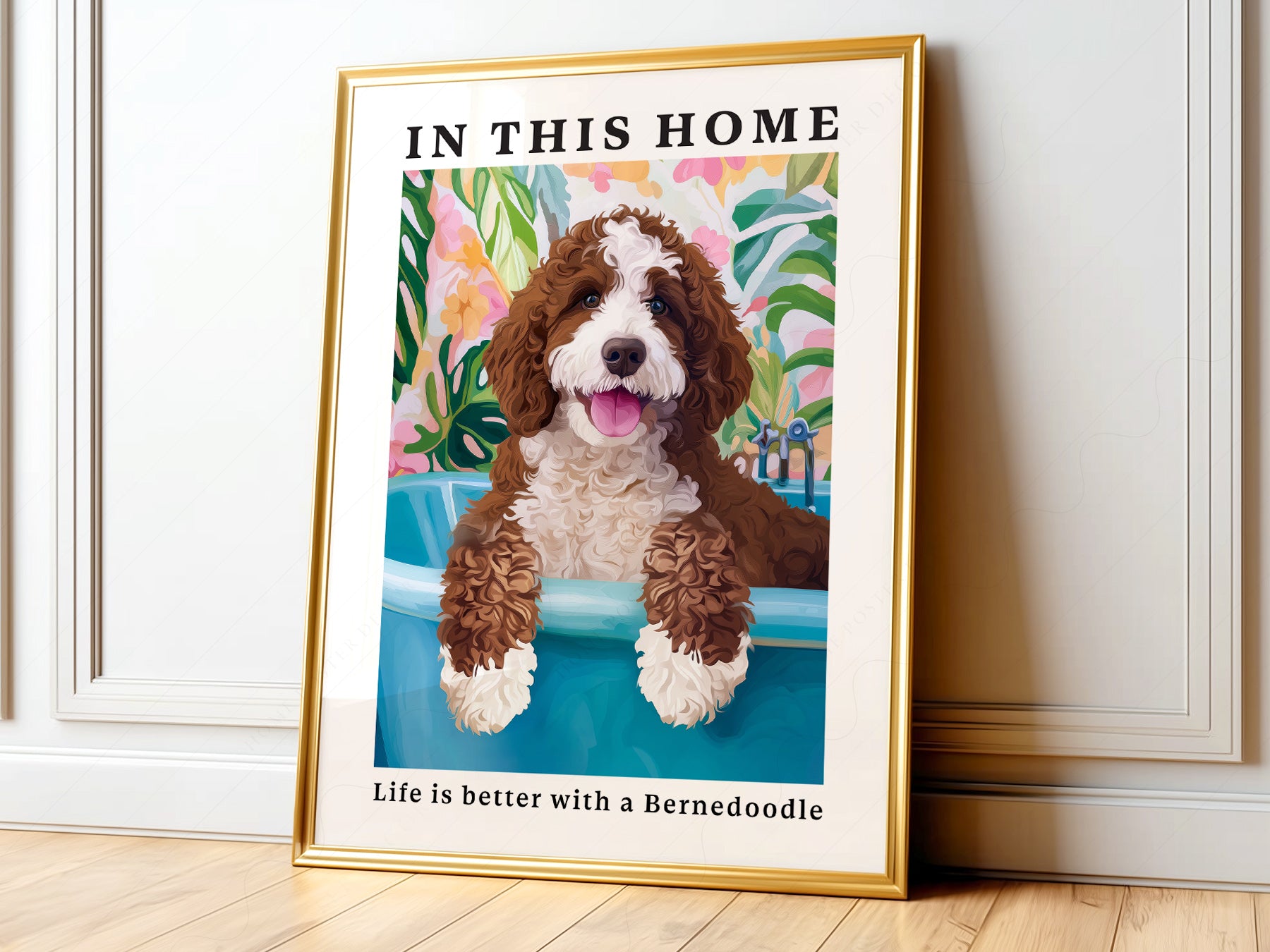 Bernedoodle dog art print featuring a happy curly pup in a bathtub with colorful tropical floral background.