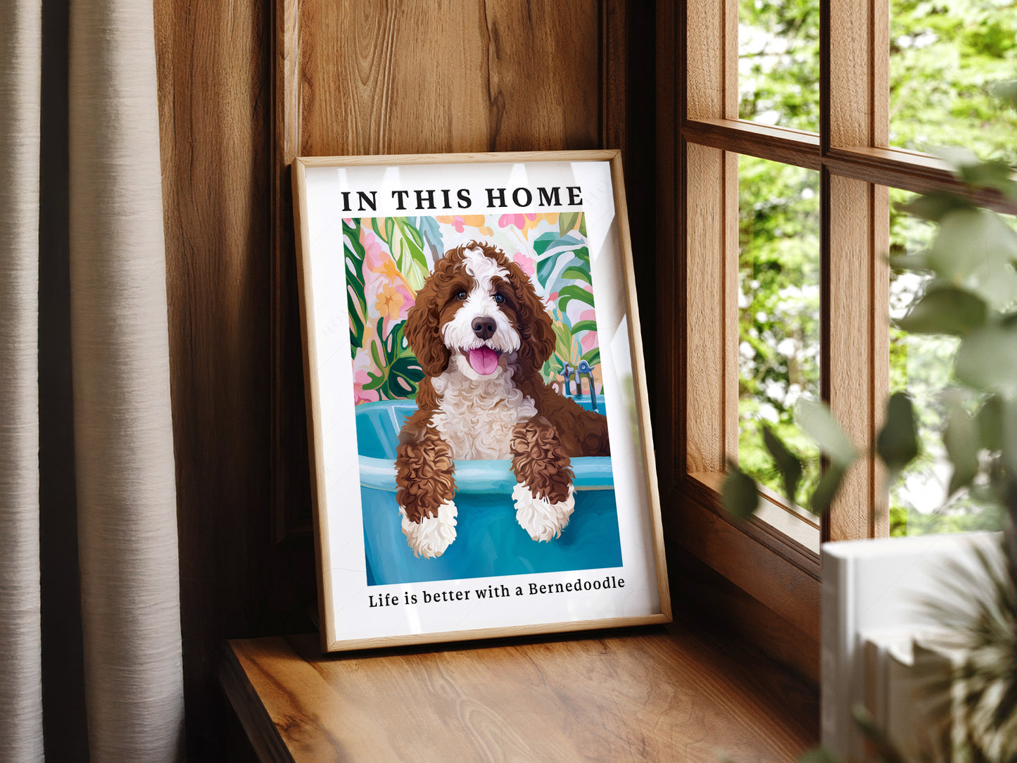 Bernedoodle Dog in a light-filled Japandi-inspired living space