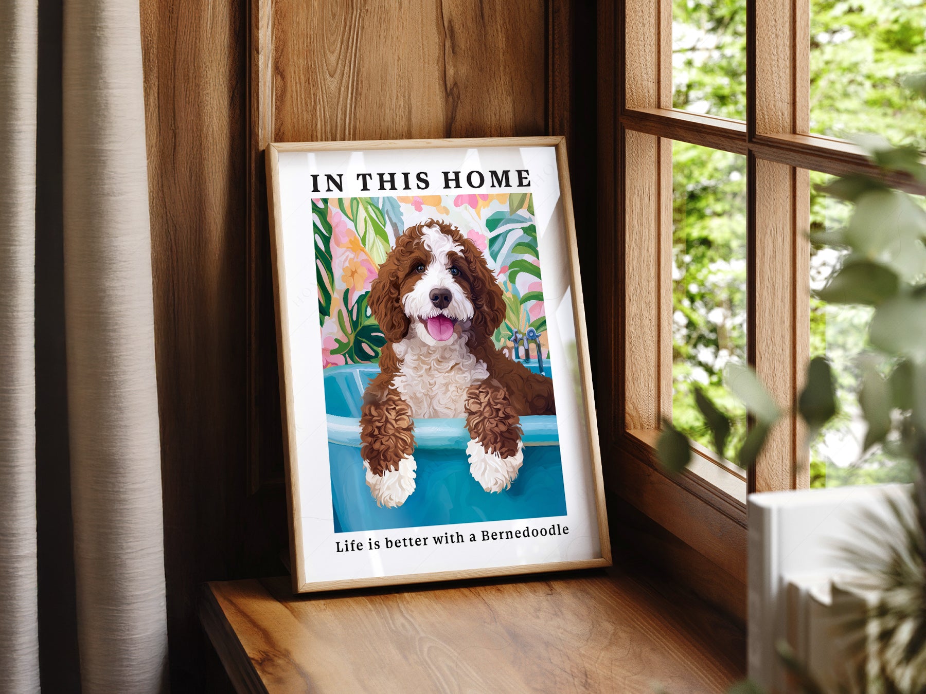 Bernedoodle Dog in a light-filled Japandi-inspired living space