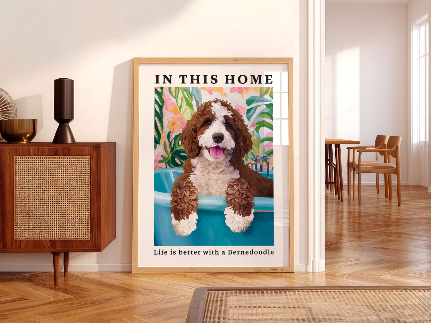 Bernedoodle Dog as a statement piece in an eclectic gallery wall