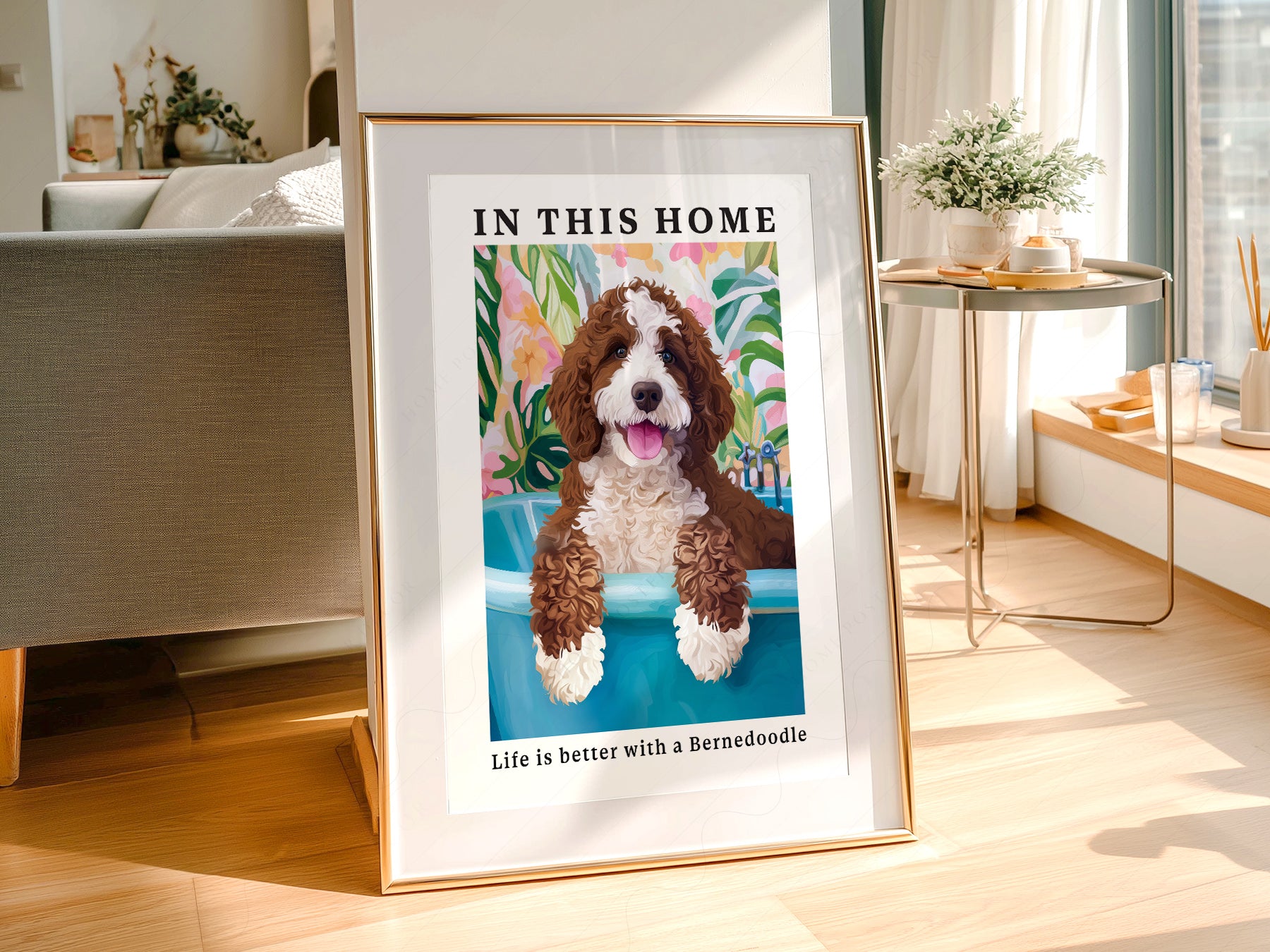 Bernedoodle Dog art print as wall decor in a minimalist home office