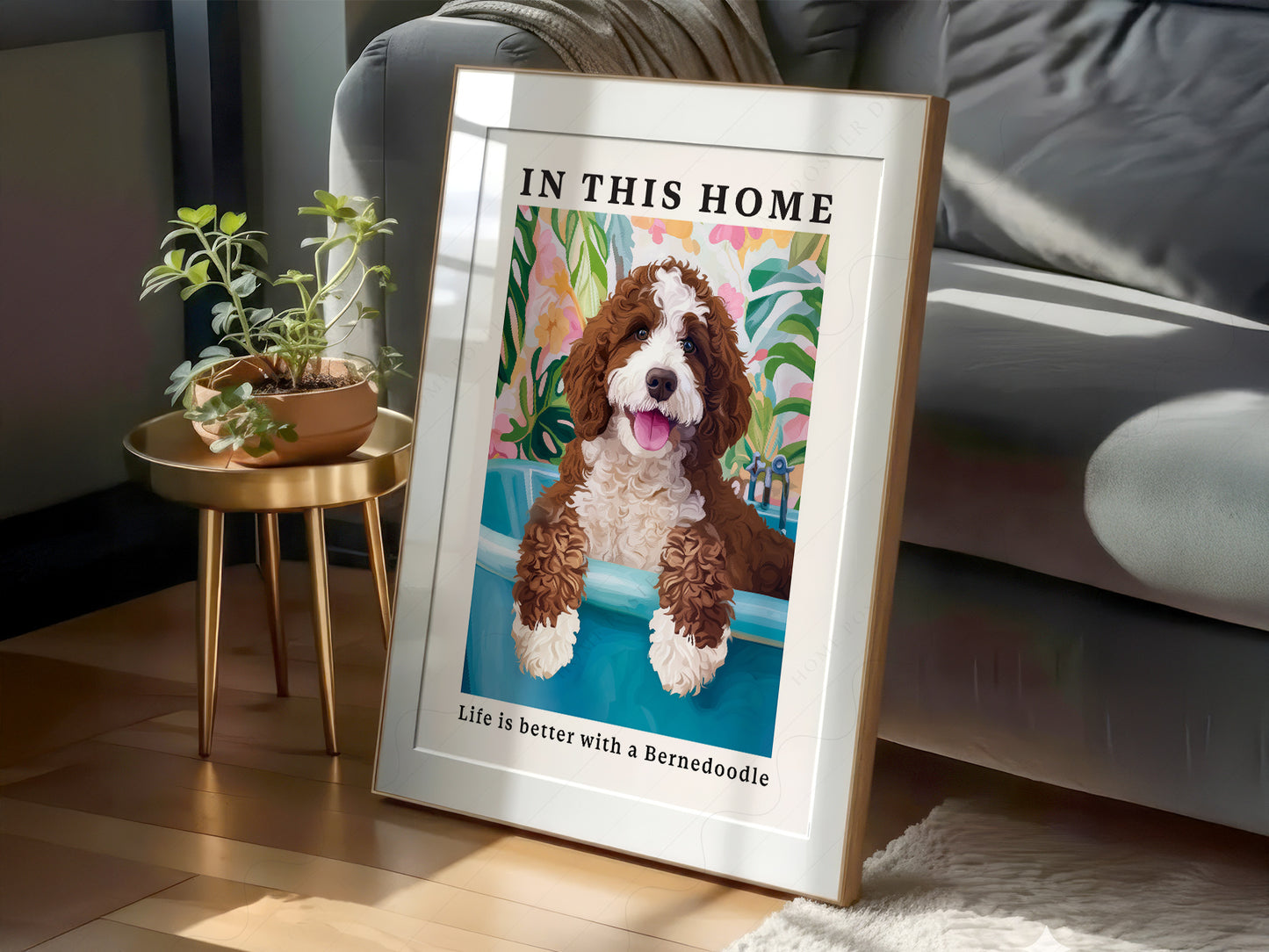 Bernedoodle Dog wall art in a cozy home study or reading room