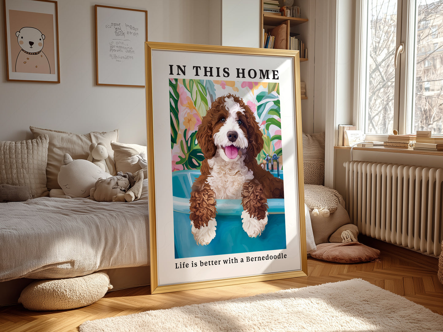 Bernedoodle Dog wall art print displayed in a bright modern living room